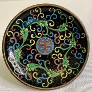 Antique Chinese Metal Cloisonné Saucer Bowl Trinket Dish Longevity Long Life 3.5